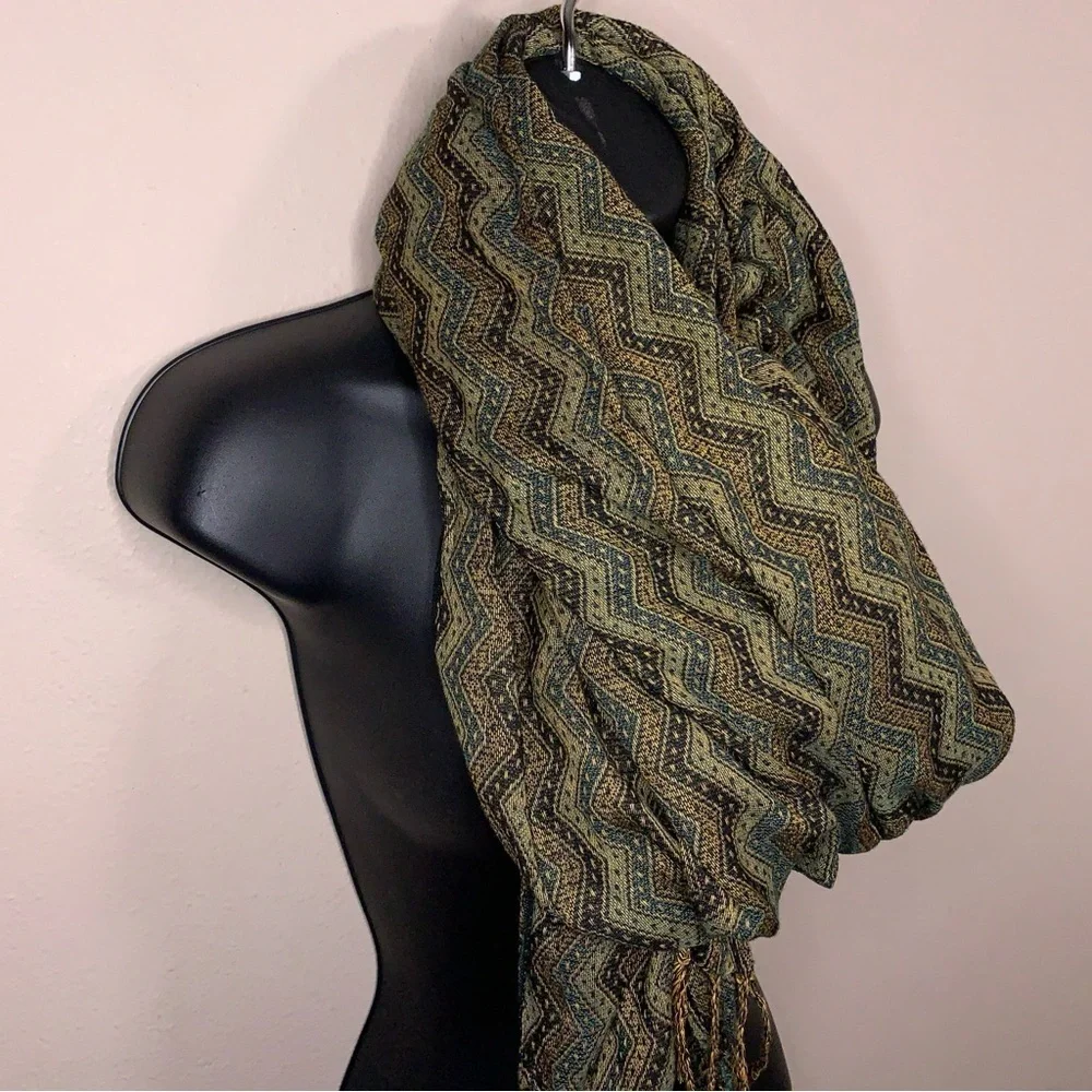 Vintage Isabella Scarf Wrap Olive Green Beige Fringe Boho Bohemian Geometric